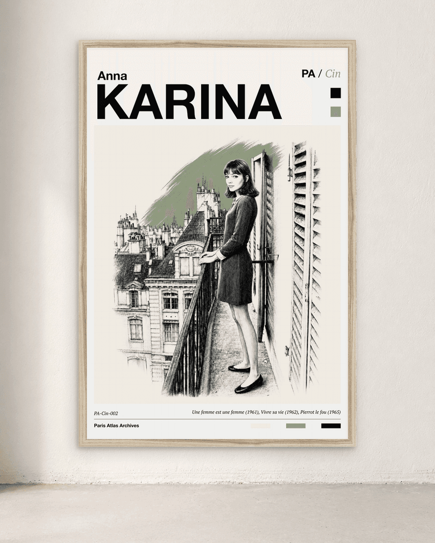 Framed Paris Atlas print of Anna Karina on a Paris balcony above the rooftops, shutters open.