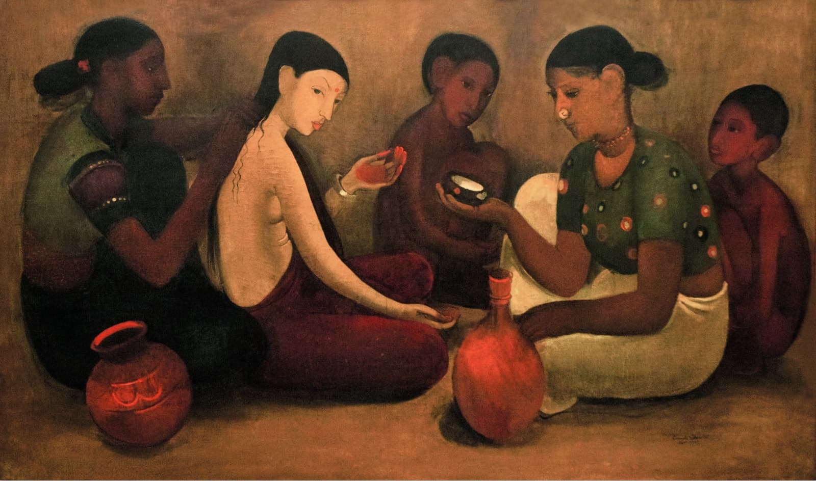 Five figures sit on a brown floor against a mottled brown wall. At the centre-left a pale-skinned young woman in a dark red skirt sits in profile, bare to the waist, her long black hair down her back and a small red bowl in her raised right hand, while a dark-skinned woman in a green blouse with a red flower in her hair dresses her hair from behind. Facing her, a woman in white cloth and a green blouse patterned with dark circles, with a white nose ring and red beads, holds out a dark bowl of white paste. A dark child sits behind the bride and a naked child at the far right. A round red clay pot stands at the lower left and a long-necked red flask at the right