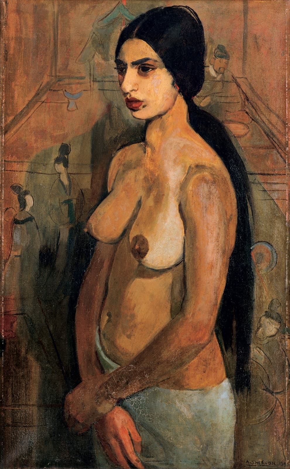 A young woman with long black hair parted in the middle stands bare to the waist, turned to the viewer's left, her arms crossed low in front of her and a pale blue-grey cloth wrapped round her hips. Her skin is painted in ochre, orange and brown and her lips are deep red. Behind her a brown wall carries thin dark drawings of East Asian figures: two women in dark robes at the left, a man in a black cap at a table at the upper right, a pagoda roof at the top left, and over it the grey shadow of a standing figure