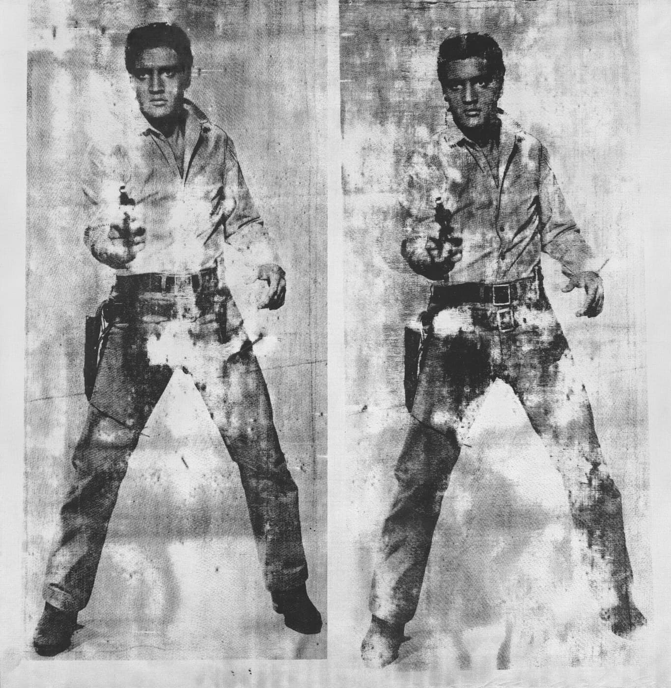 A near-square canvas painted silver, on which Elvis Presley is printed twice in black, each figure inside its own rectangle with a strip of bare silver between them. He stands with legs wide in an open-collared western shirt and dark jeans with a wide belt, a laced holster low on his right hip, holding a revolver out towards the viewer. The left figure keeps its detail; the right figure is clogged with ink, its brow a solid bar, its eyes two white notches, its boot faded into the ground