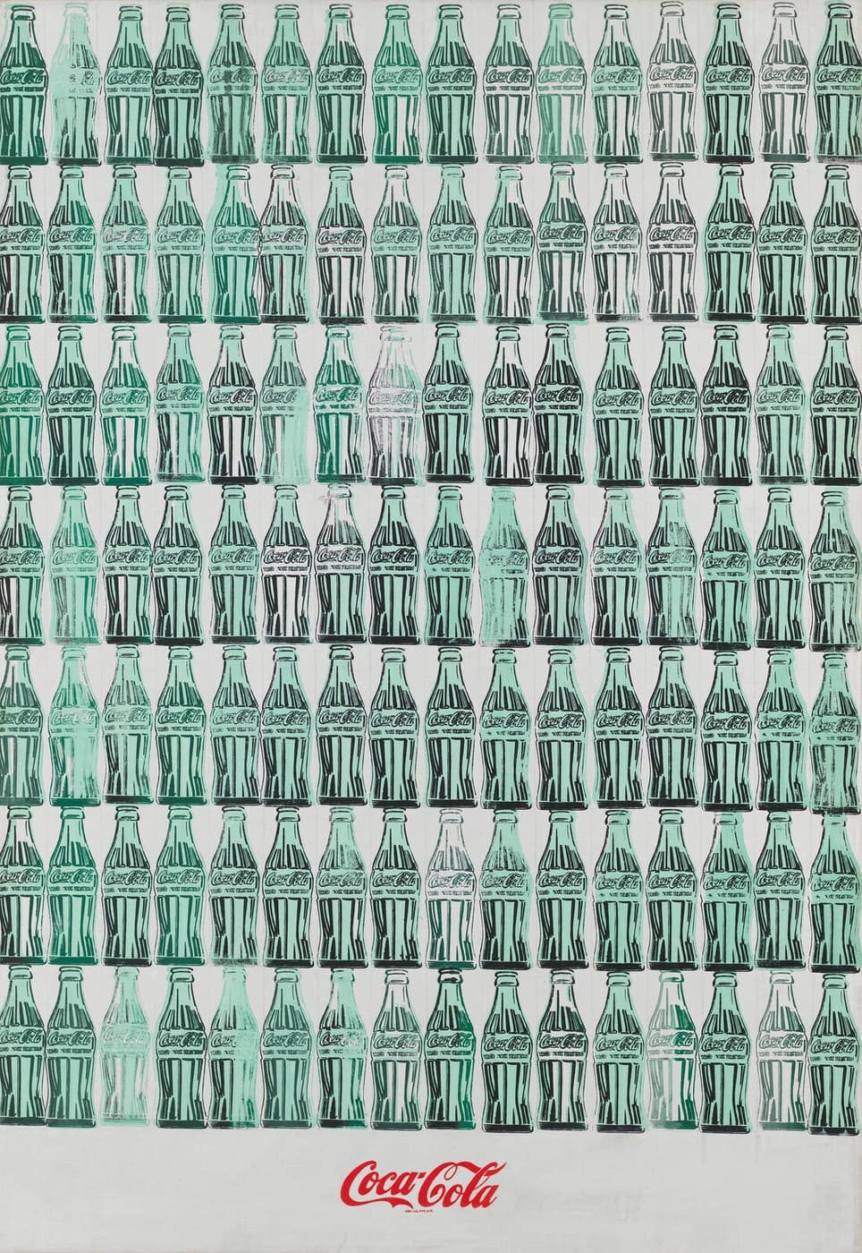 A tall canvas filled with a grid of Coca-Cola bottles, sixteen across and seven down, each drawn in black outline over a flat green body with the word Coca-Cola on the label. The green runs from deep forest green to almost nothing and on several bottles sits out of line with the black outline. Below the last row the canvas is empty except for the Coca-Cola logo in red script, centred, with a line of very small red type beneath it
