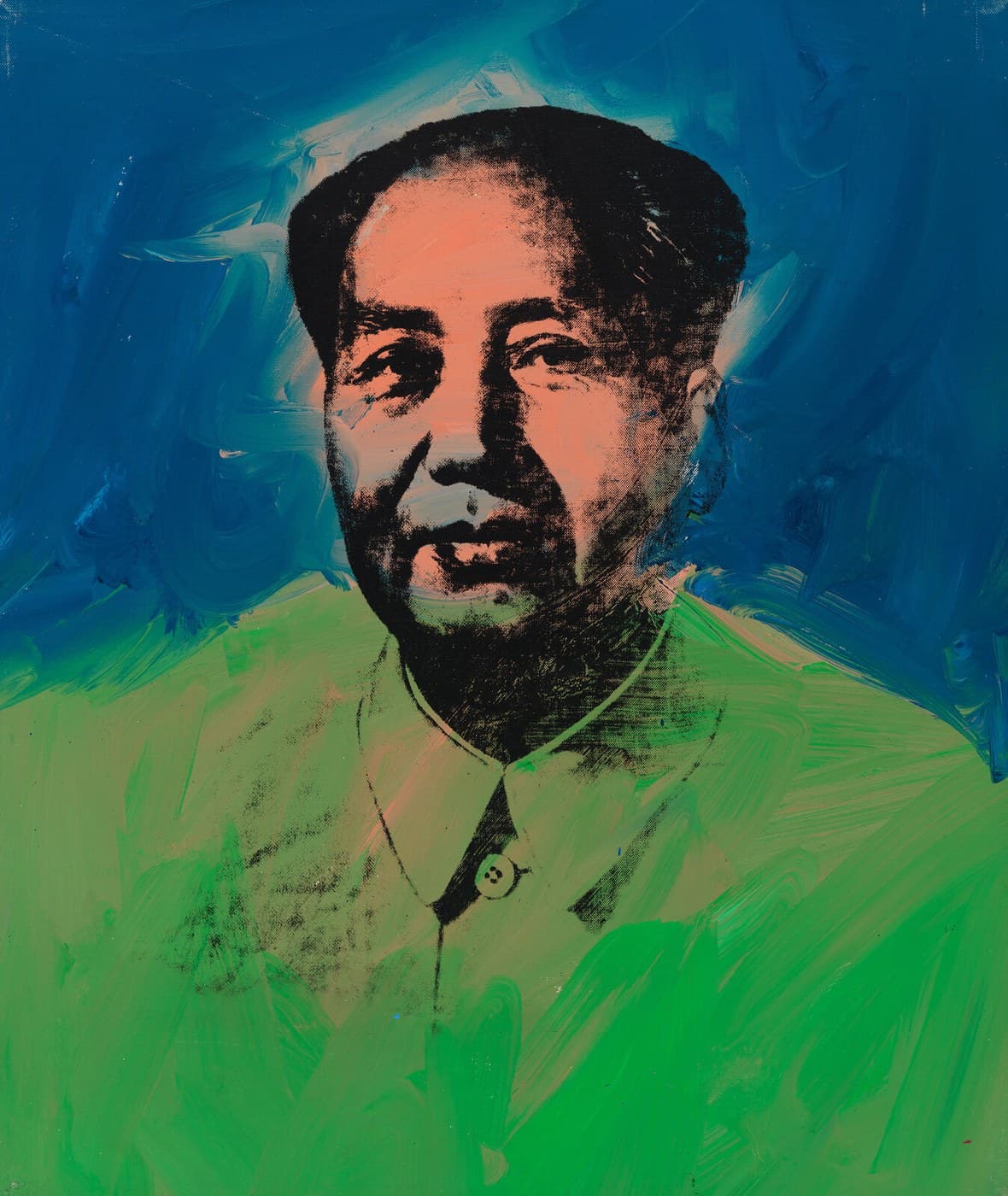 A head-and-shoulders portrait of Mao Zedong facing forward, the background cobalt blue in broad curving brushstrokes, the tunic bright acid green over olive, the face salmon. The photographic image is printed over the paint in a pattern of black dots. On the right side the salmon stops inside the printed outline and the blue runs over the cheek, so the ear is printed onto blue. A thin black line draws the stand collar, one button shows at the point of the opening, and a small black oval marks the mole on the chin