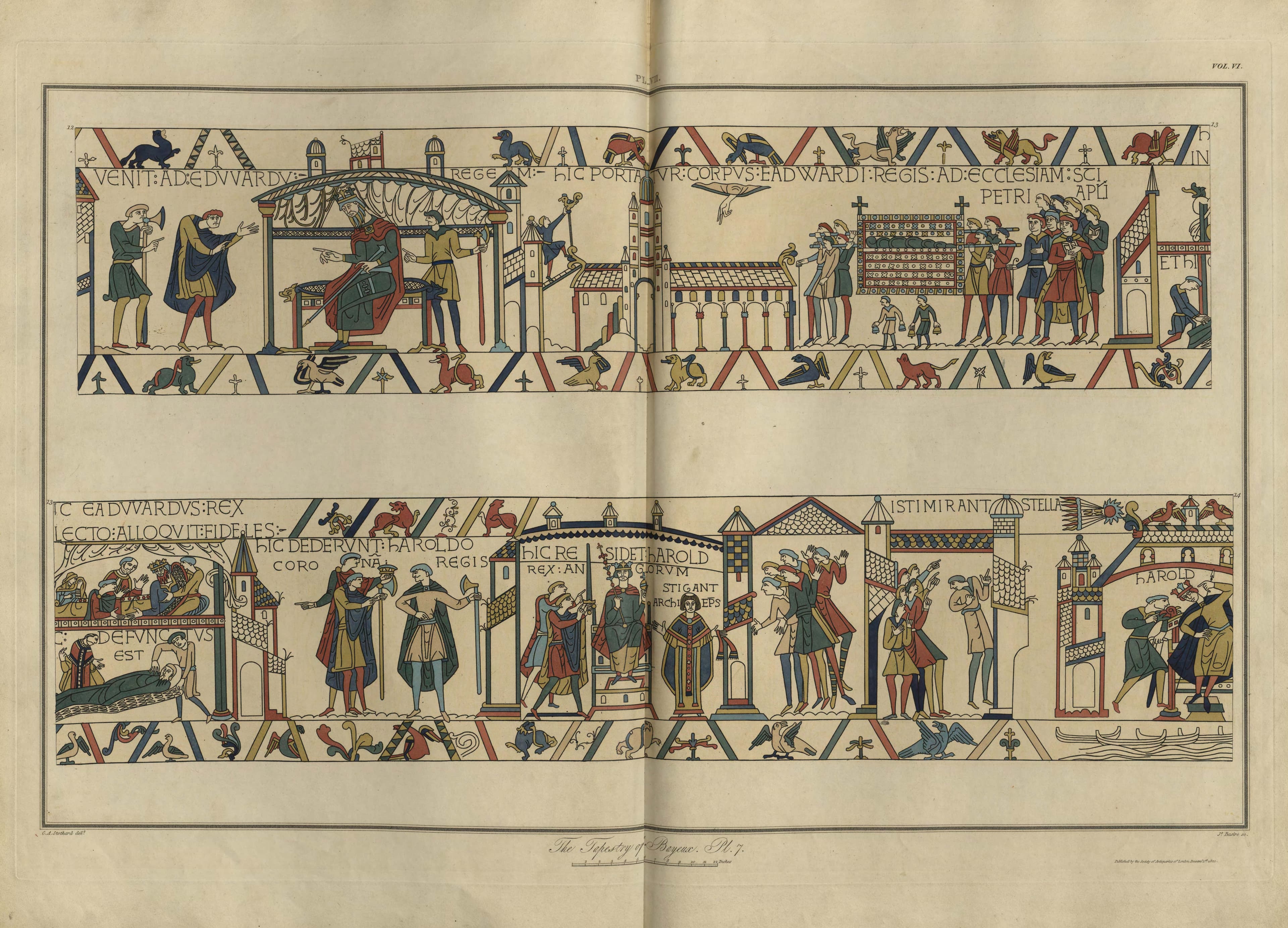 A hand-coloured engraved plate reproducing two long bands of the Bayeux Tapestry. The upper band shows Harold gesturing to King Edward enthroned under a canopy, then Westminster Abbey with a hand reaching down from the sky, then a funeral bier carried by a line of men. The lower band shows Edward on his deathbed, a crown being offered to Harold, Harold crowned and enthroned holding a sceptre and orb beside a vested archbishop, a crowd pointing up at a blazing star, and a row of ships in the border beneath. Latin captions run above the figures throughout.