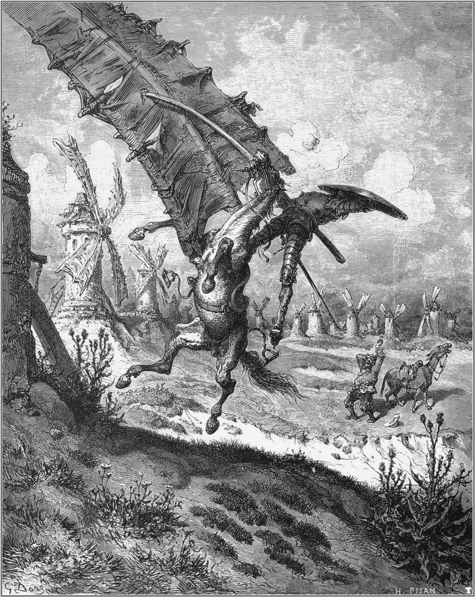 Doré's windmill plate: Don Quixote on Rocinante charging a windmill with his lance while Sancho Panza watches from his donkey