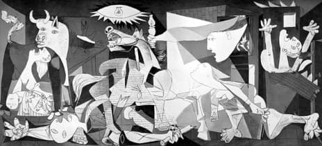 Guernica: Picasso's black, white and grey mural of the bombing — a bull, a screaming horse, a fallen soldier, wailing women and a bare bulb overhead