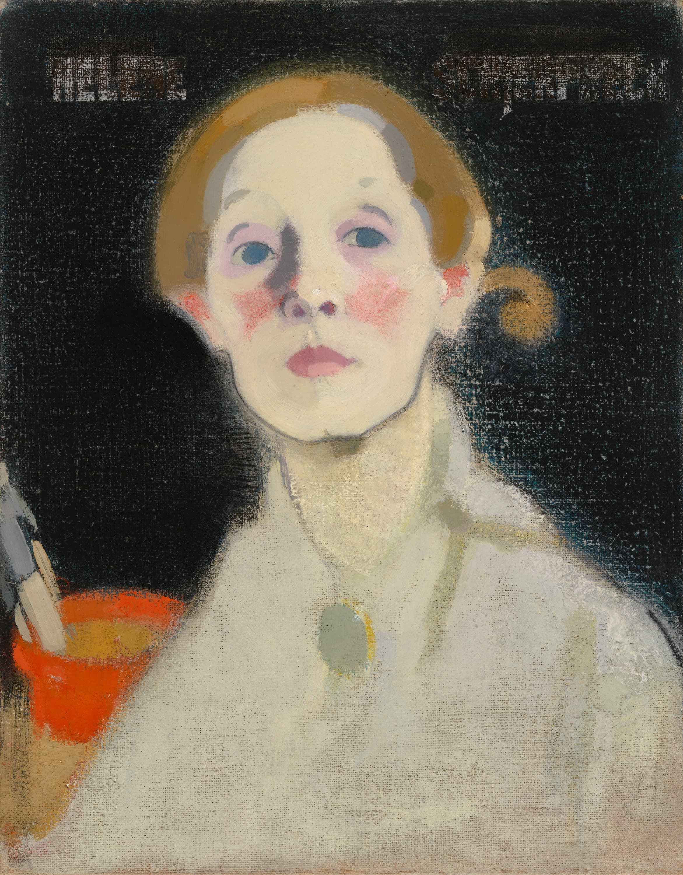 Helene Schjerfbeck's Self-Portrait, Black Background: a pale cream face seen head-on against a black ground, with blue-gray eyes, red cheeks and golden-brown hair ending in a coil at the right, the name HELENE SCHJERFBECK in faint silver capitals across the top, a thinly painted gray-white garment with a small gray-green brooch at the throat, and a red-orange pot holding brushes in the lower left corner