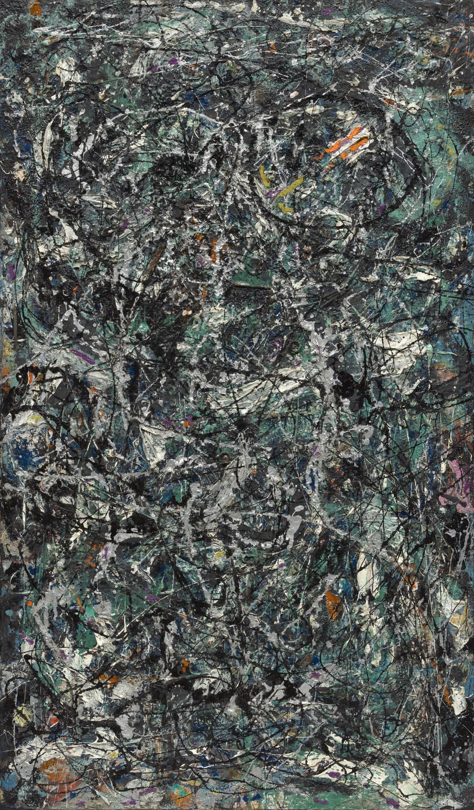 An upright canvas densely covered edge to edge. A sea-green ground shows through patches at the right and top, overlaid with broad aluminium-grey passages, thick wrinkled ridges of cream-white, and a net of thin black poured lines. Small dabs of orange, yellow, violet and ultramarine are scattered through it. A paint-covered cigarette lies diagonally just left of centre