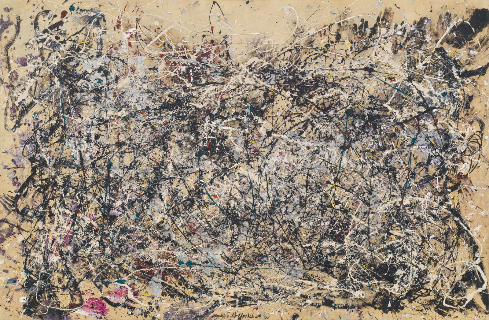 A wide canvas of unprimed tan canvas covered with looping black strands, thick cream-white poured arcs and flat grey droplets of aluminium paint, thinning toward all four edges. Small hits of magenta, teal, orange-red and yellow sit low and to the sides. Along the top right edge a row of handprints in dark brown and oxblood is pressed into the bare ground, with poured white lines crossing over them. The signature Jackson Pollock 48 reads in black at the bottom centre