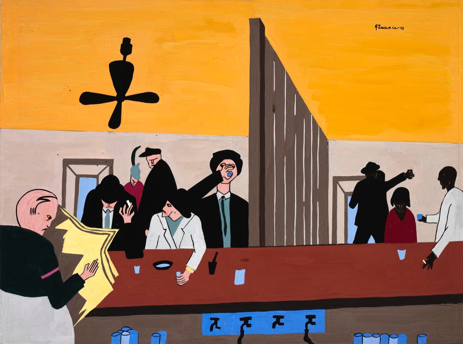 A bar seen from behind the counter, split down the middle by a wall of grey-brown boards under a bright yellow ceiling. On the left, white customers in dark suits drink under a black ceiling fan while a bald bartender reads a yellow newspaper; on the right, a smaller group of Black customers, painted almost as silhouettes, stand and sit by a second door with no fan above them. A long red-brown bar runs across the whole picture