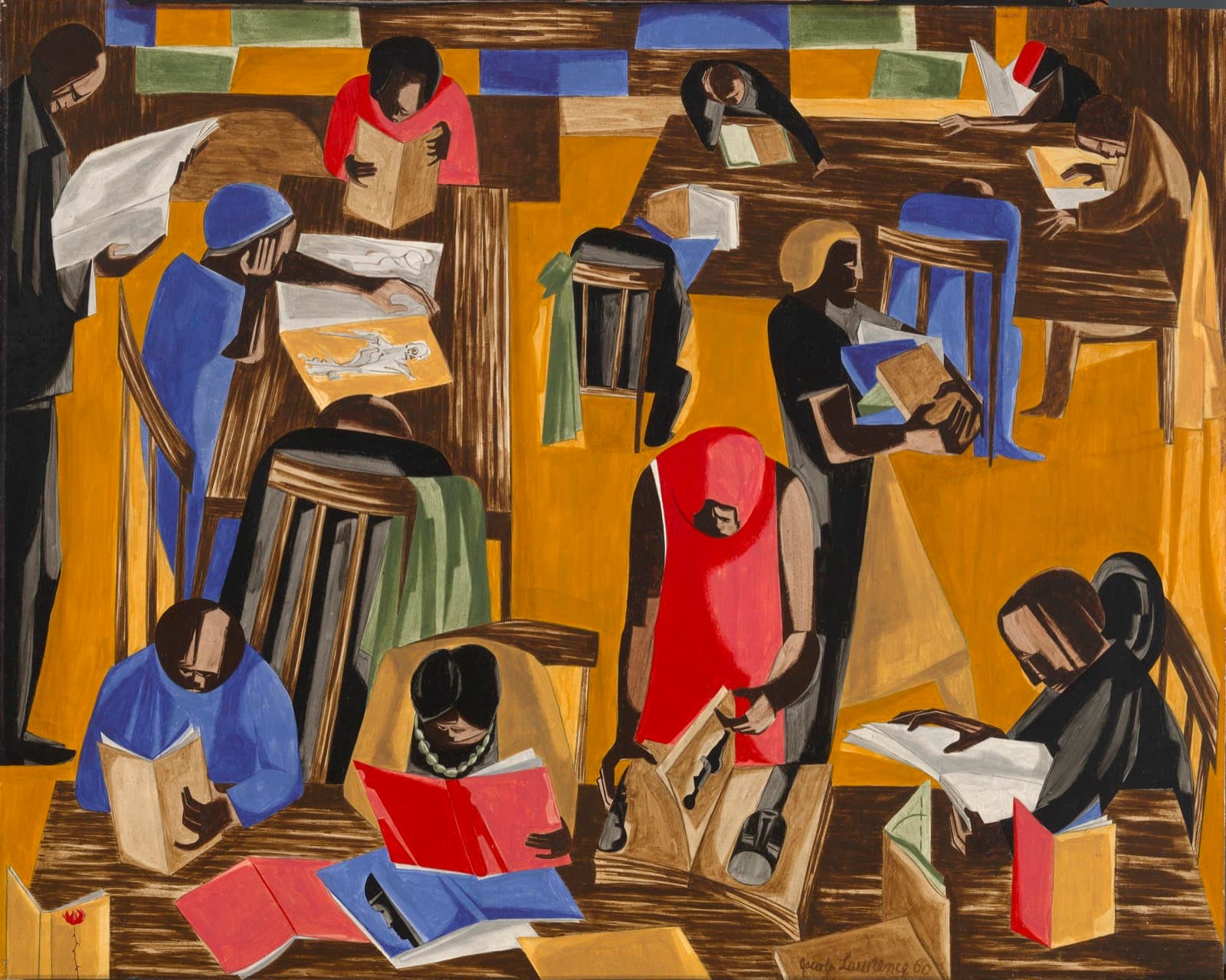 A crowded reading room painted in flat blocks of red, blue, ochre and brown. About a dozen people sit at long brown tables with books open, heads bowed; a man at the left edge reads a newspaper standing up, a figure carries an armful of books, and at the front a reader in a long red garment stands holding open a book of dark carved figures. Empty chairs have coats thrown over them