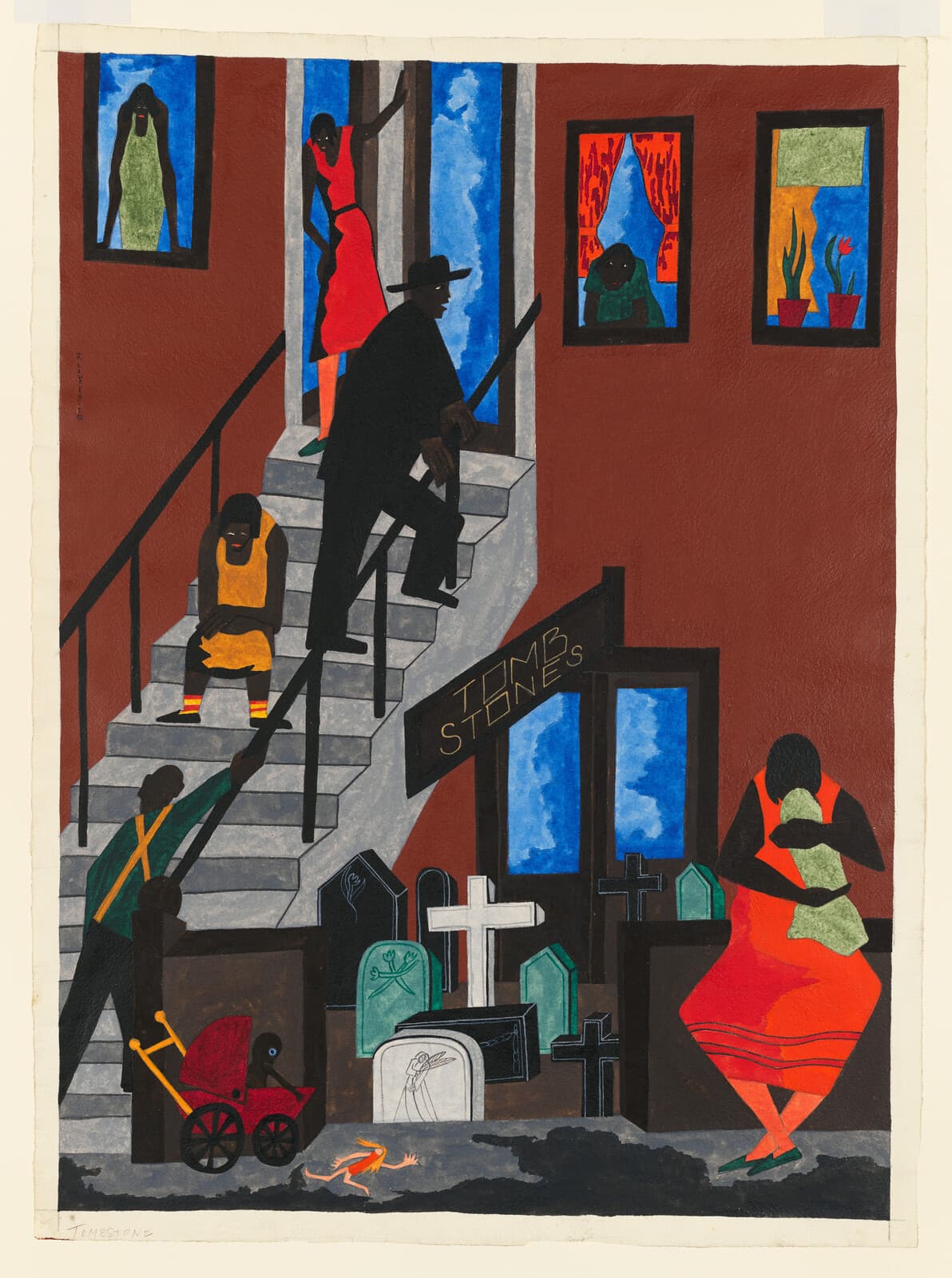 The front of a red-brown Harlem apartment building on a tall sheet. A grey stoop climbs diagonally to an open doorway where a woman in red leans; a man in a black suit and hat leans on the railing, a woman in orange-yellow sits on the steps and a boy in suspenders grabs the rail at the bottom. Women look out of the windows, which are full of blue sky. In the basement, under a sign reading TOMB STONES, gravestones and crosses stand for sale, with a child in a red carriage at the left, a mother holding a baby at the right, and a doll lying on the pavement