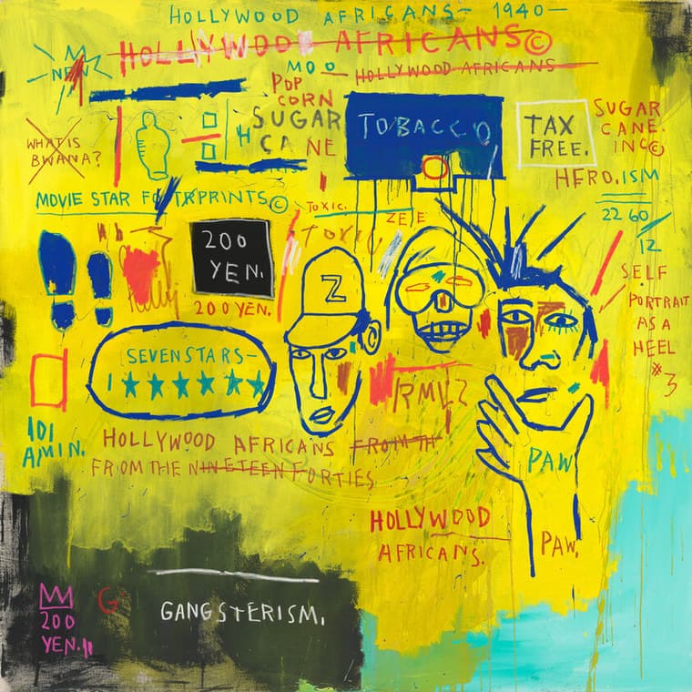 A square canvas painted chrome yellow and covered in handwriting, with a band of dark olive and black across the bottom left and pale turquoise in the bottom right corner. Three heads fill the right half: one in a blue cap marked with a large Z, one a skull with round goggles and square teeth, and one with spiked blue hair, a brown face and a blue hand raised beside the cheek. Two flat blue shoe prints and a teal outline of an Oscar statuette stand at the left, beside a black panel carrying the words 200 YEN. in white. Written across the yellow in red, teal and grey are HOLLYWOOD AFRICANS, SUGAR CANE, POP CORN, TOBACCO on a dark blue panel, TAX FREE. in a white box, HERO.ISM, WHAT IS BWANA? under a large red X, MOVIE STAR FOOTPRINTS, IDI AMIN. and FROM THE NINETEEN FURTIES, many of them struck through. GANGSTERISM, is written in white on the dark band at the bottom, with a three-point crown and 200 YEN. in magenta beside it
