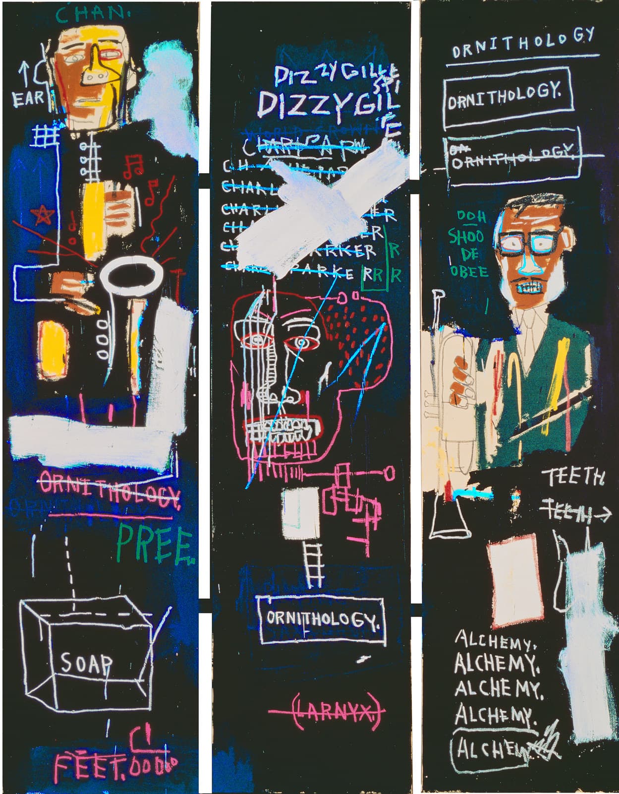 Three tall near-black panels hung side by side with narrow gaps between them. On the left a figure with a pale yellow and orange face and a black jacket holds a white-ringed horn, with CHAN. written in green above and ORNITHOLOGY. in pink struck through below, over PREE. in green, a white-drawn open box marked SOAP, and FEET.OODOO in pink at the foot. The middle panel carries DIZZYGILLESPIE twice in white on blue, the name CHARLIE PARKER written six or seven times in a column and struck out each time in cyan, a broad white X painted across them, a hot pink and red head with white teeth below, ORNITHOLOGY. in a drawn rectangle and (LARNYX.) in pink struck through at the bottom. On the right a man in heavy black spectacles, a green jacket and a white collar sits beside a raised trumpet, under ORNITHOLOGY written in white and boxed twice, with DOH SHOO DE OBEE in green beside him, TEETH written twice with the second crossed out and arrowed, and ALCHEMY. written five times down the lower right