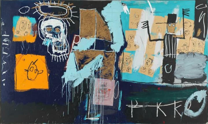A wide canvas, dark at the left and pale turquoise at the right. A white skull with brown eye sockets and pale blue drips at its chin sits in the dark half, under a closed ring of brown and ochre with short spikes radiating from it. Below it an orange panel carries a single large drawn face, and a tan pasted paper above it carries three small pencilled faces. Two hard-edged brown and gold shapes fill the middle, with a curtain of white drips falling from them over a pasted pink sheet. At the right a figure in a black-and-white vertically striped jacket and a tall black hat stands with both arms out on a grey block, in front of a wall of tan papers each carrying a drawn face. Four white capitals struck through by one long white line run along the bottom right, beside a thick pale painted ring