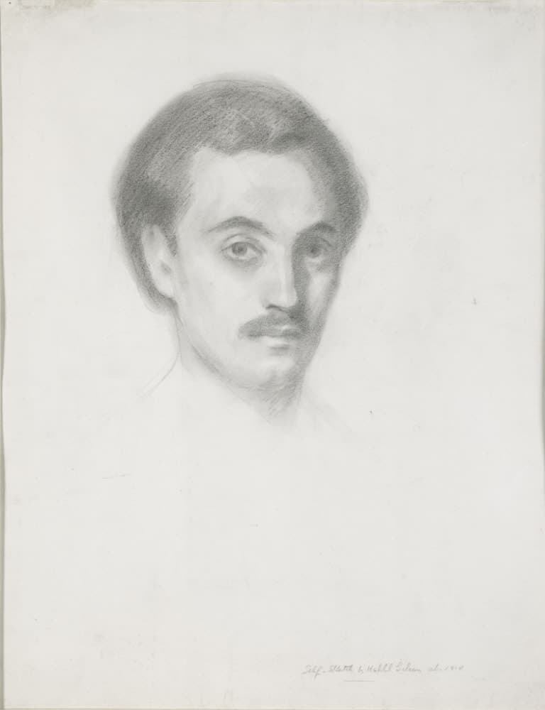 A pencil drawing of a young man's head and neck on a large sheet of pale paper, looking straight out. His hair is a thick mass of parallel diagonal strokes arcing over the temple, his brows are dark and heavy, and a soft moustache covers his upper lip above closed lips. The eye on the viewer's left is fully drawn with iris and lashes; the other sits in shadow. The neck is drawn in outline with no collar, and the lower half of the sheet is bare except for a line of pencil writing at the lower right