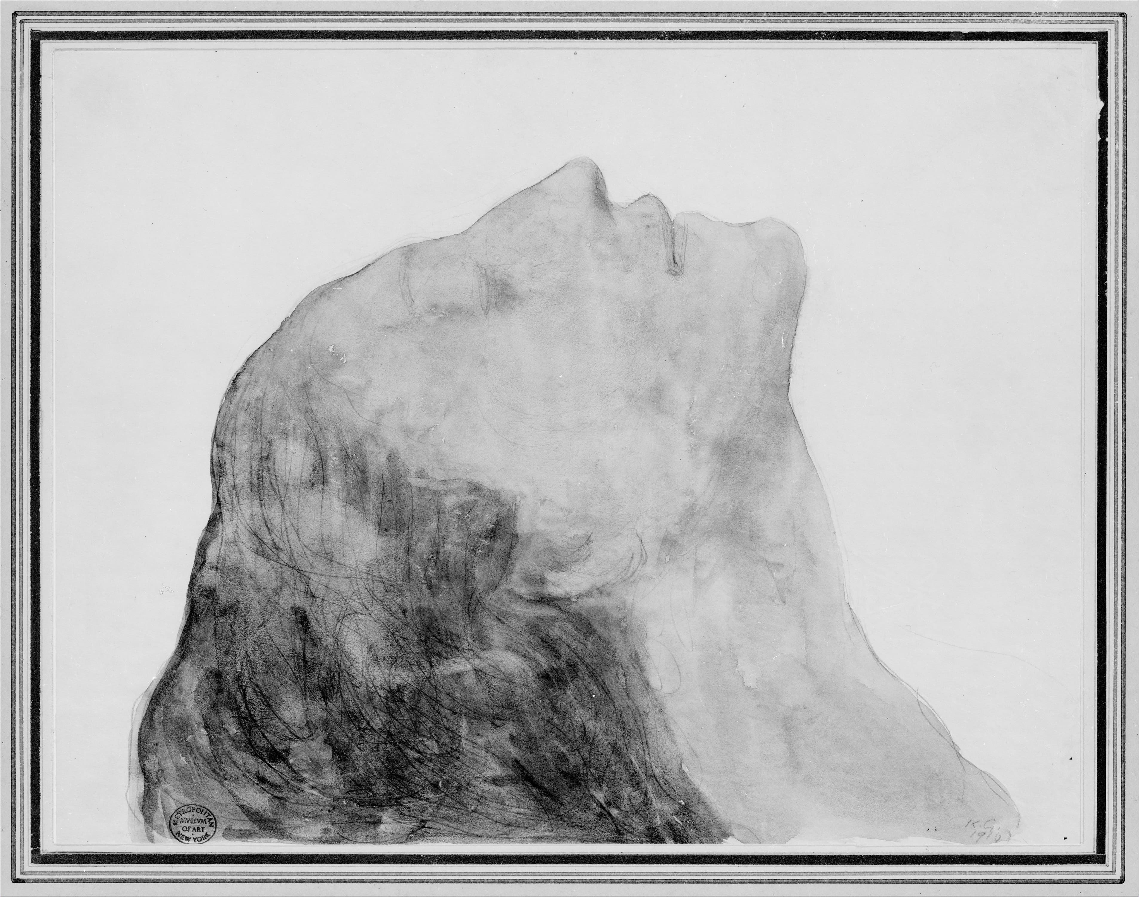 A black-and-white photograph of a watercolour drawing in a mount with a ruled black border. A head is tipped back with the eyes closed, its profile carried by a single contour over the brow, nose and lips, the face left as a pale wash. A heavy mass of dark hair worked in fine curving graphite strokes fills the lower left, and a long pale wash runs from the jaw out to the right for the throat and chest. A pencil signature reading K.G. over 1916 sits at the lower right, and a circular museum stamp is pressed over the hair at the lower left