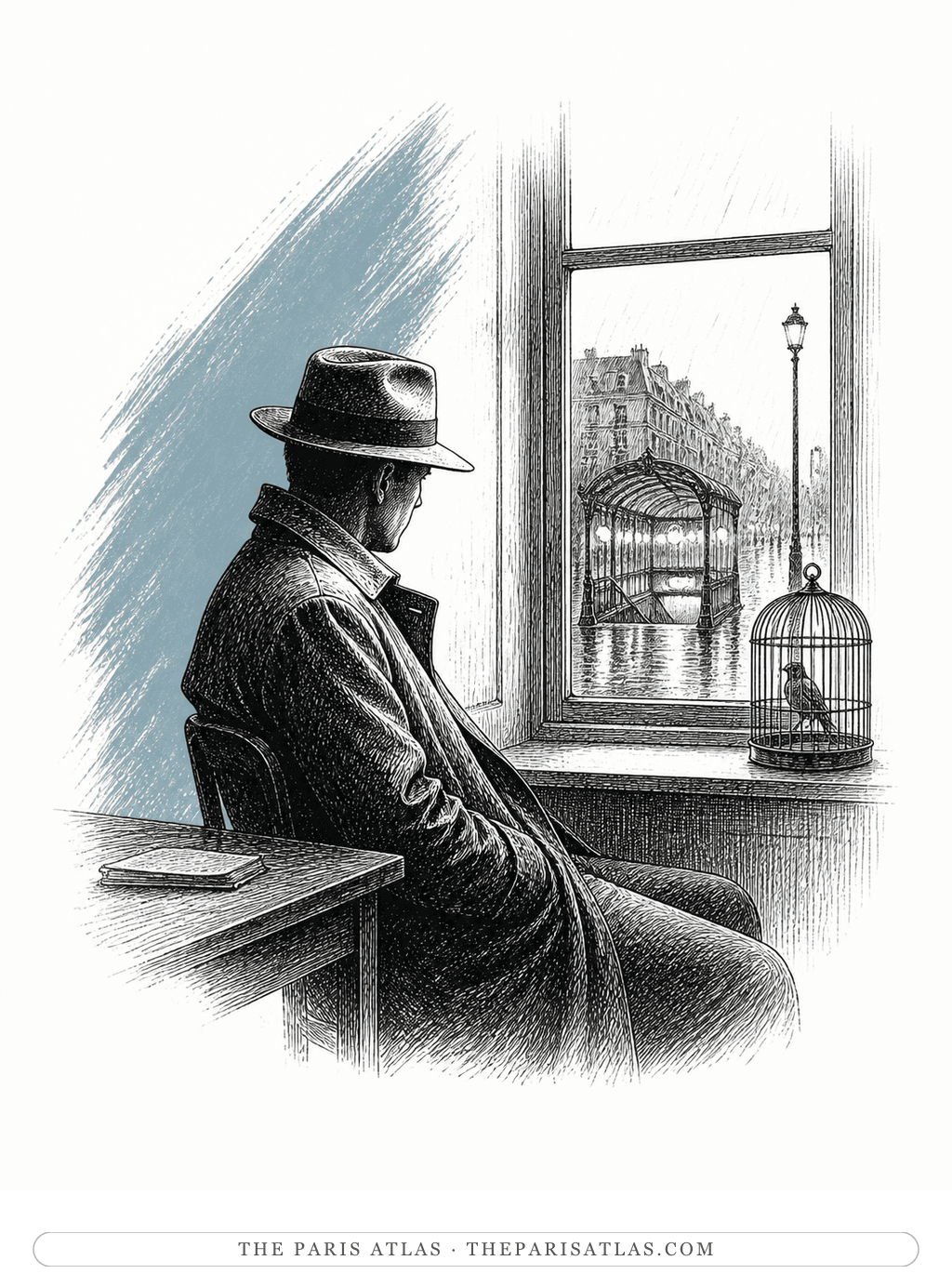 Pen-and-ink noir illustration of an anonymous man in raincoat and fedora seated by a window and birdcage above a rainy Paris Métro entrance, accented in icy blue-gray