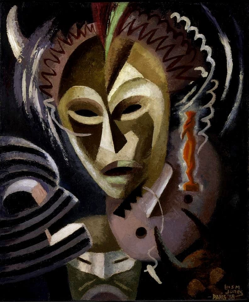 Les Fétiches: five stylized African masks in profile and three-quarter view, painted in greys and browns, turning through a dark space with a small red fetish figure below
