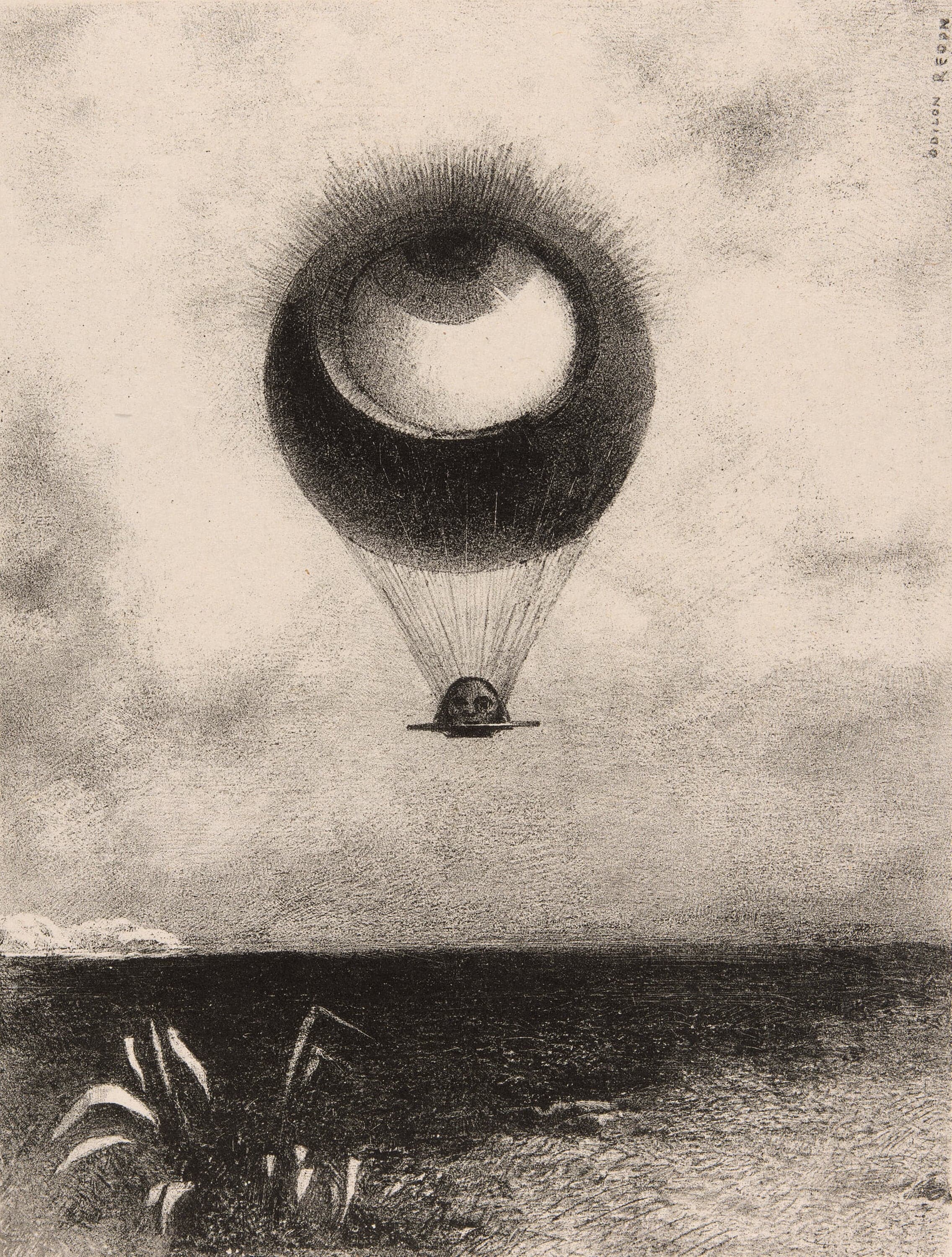 A black-and-white lithograph of an enormous eyeball floating as a balloon in a pale sky, lashes radiating from its rim and rigging lines running down to a small platform carrying a dark head, above a black plain with pale spiky plants at the lower left