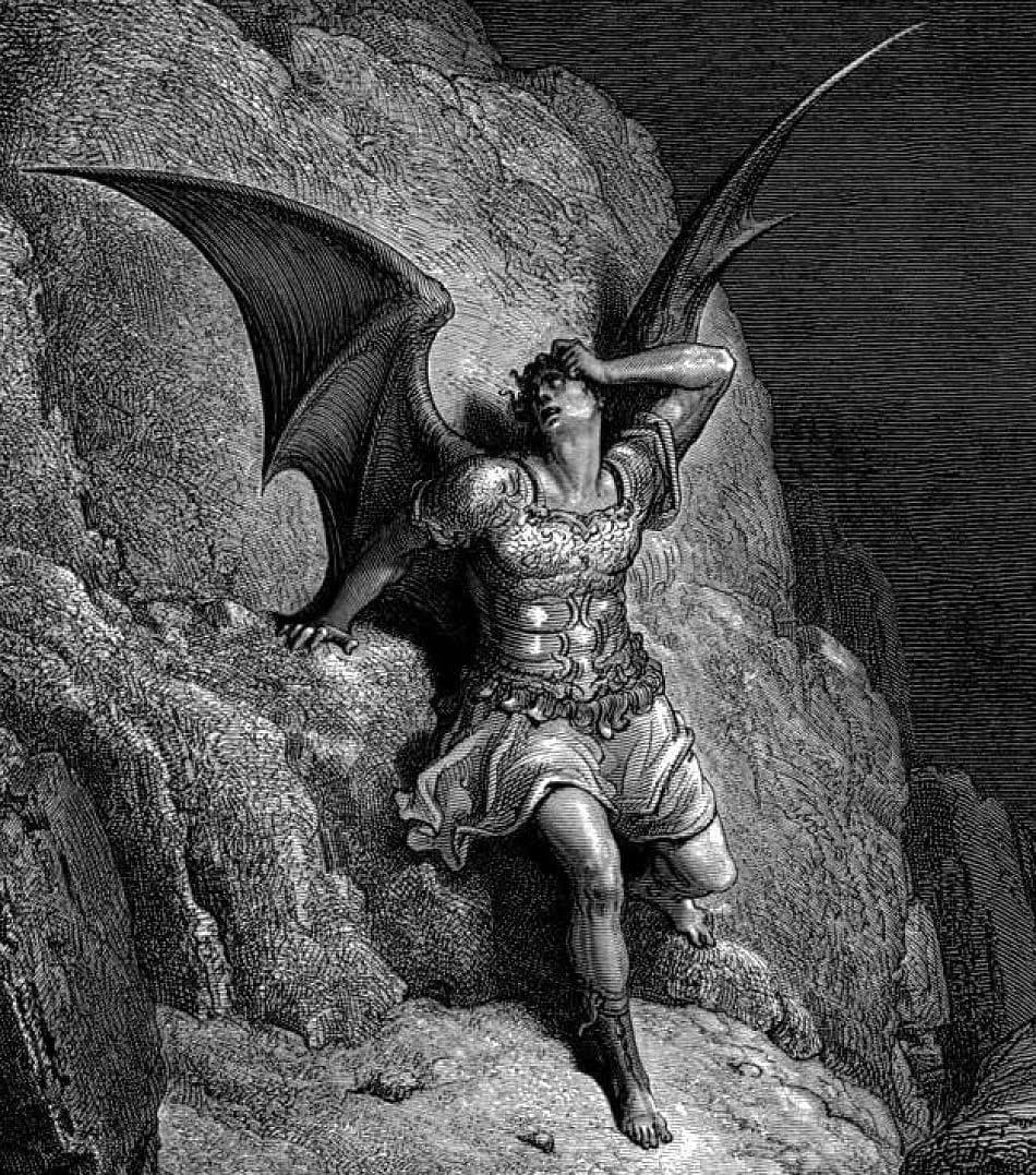 Doré's Satan in profile: the winged figure seated on a rocky summit, chin on hand, surveying a dark landscape