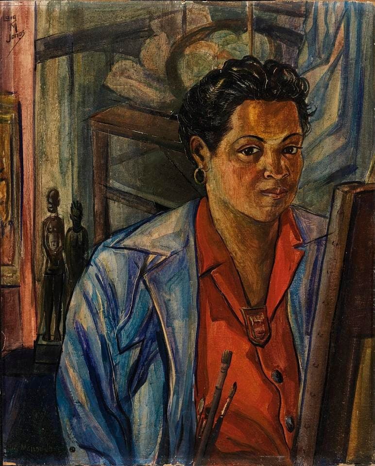 Self-Portrait: Loïs Mailou Jones in a red smock at her easel, brushes in one hand, looking directly out, with African sculptures on the shelf behind her