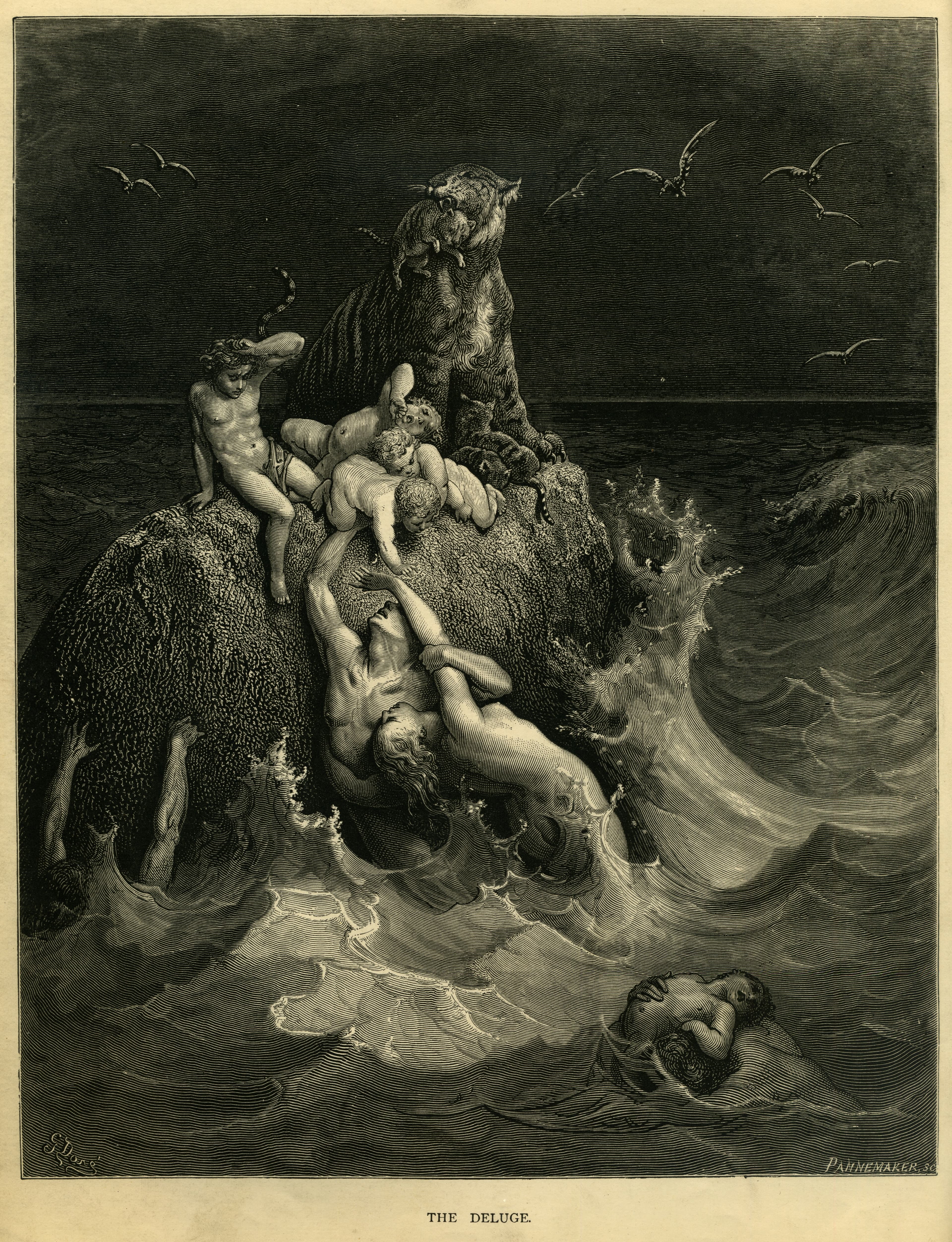 Doré's Deluge plate: flood survivors and a tiger clinging to a bare rock as children are lifted from the rising water