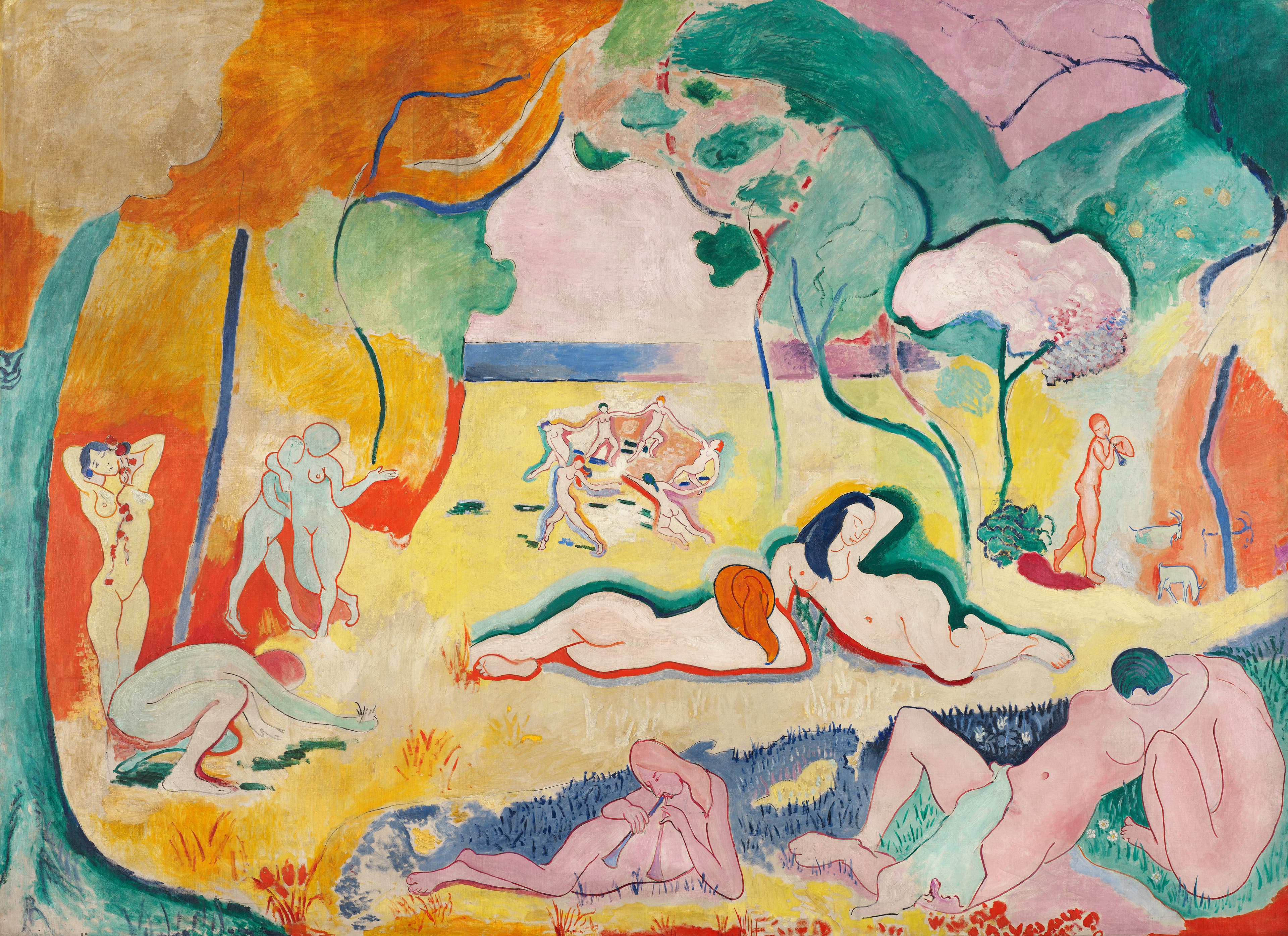 Henri Matisse's The Joy of Life: nude figures recline, embrace, make music, and dance in a flattened pastoral landscape of luminous yellow, orange, green, pink, and blue