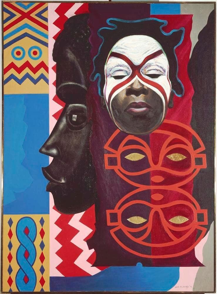 Ubi Girl from Tai Region: the realistic face of a young woman with red initiation paint across brow and cheek, flanked by two carved masks and flat fields of red, black and white pattern