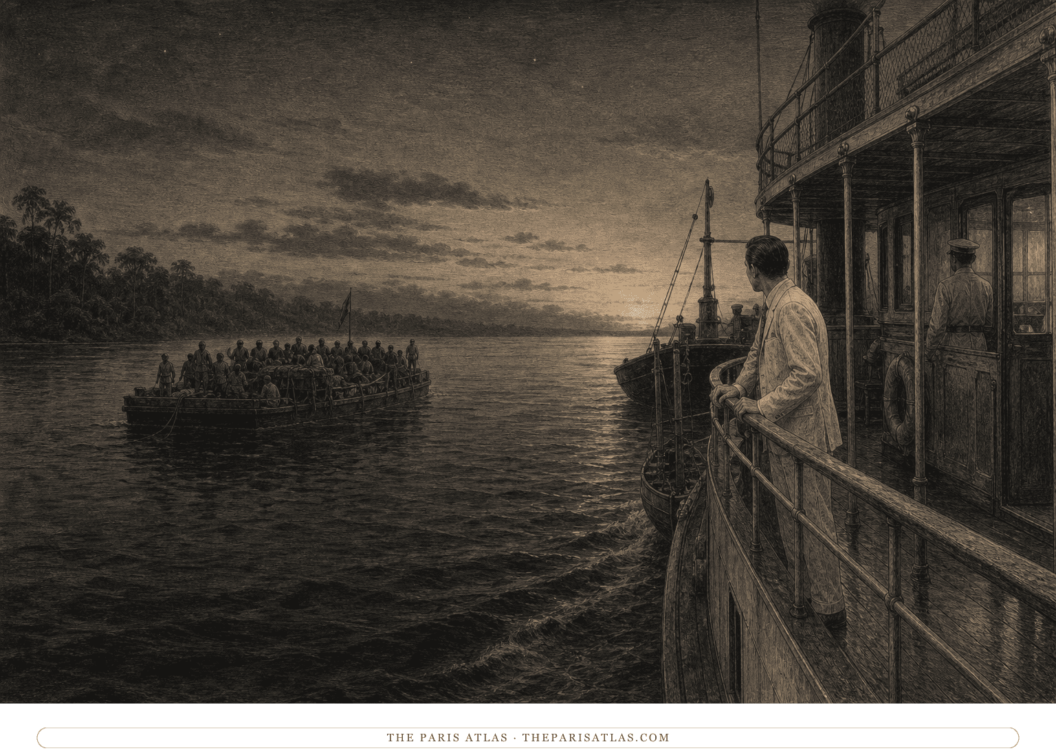 Dark pen-and-ink illustration of Salim watching from a river steamer as a crowded passenger barge drifts away behind it