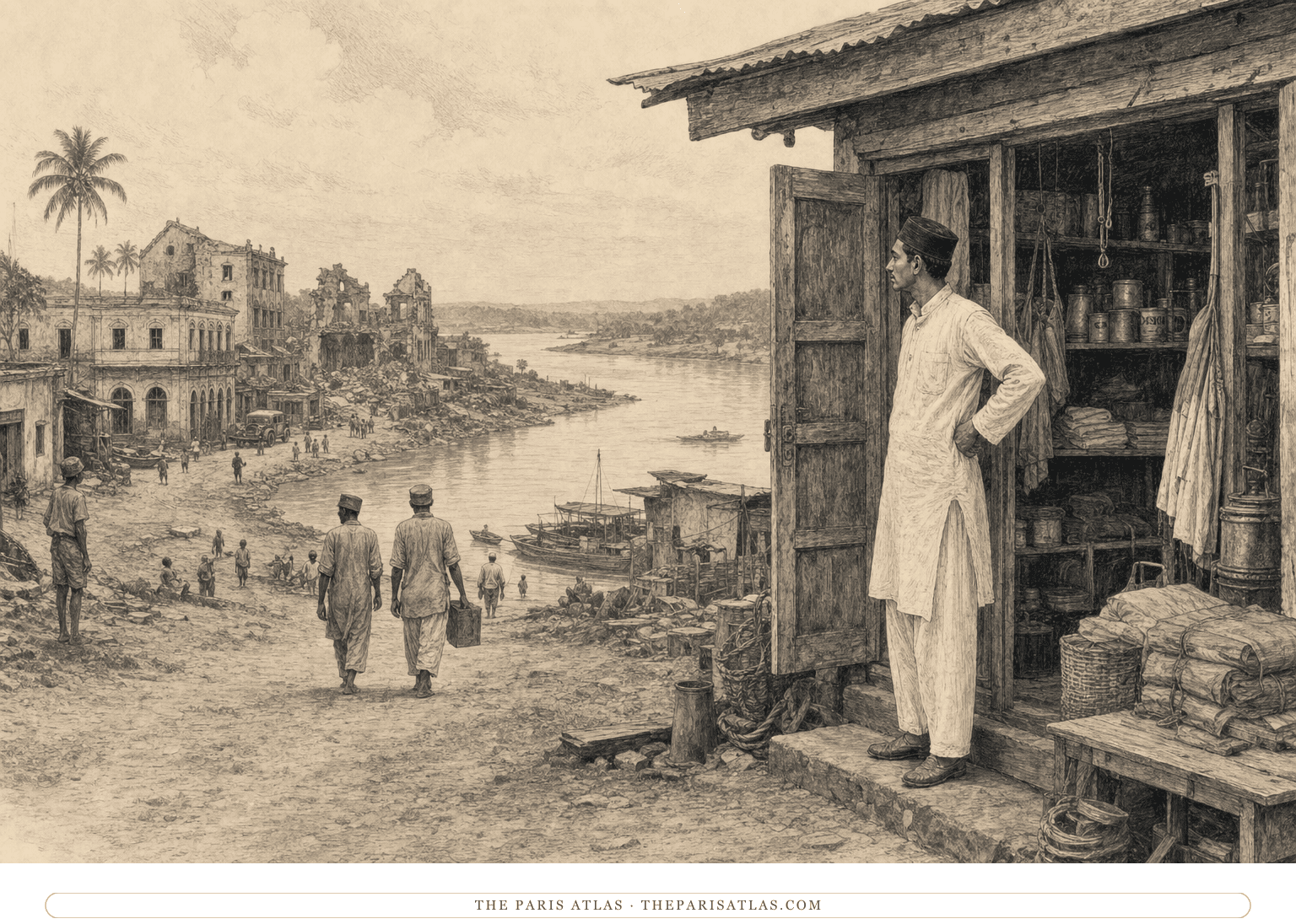 Warm pen-and-ink illustration of Salim standing outside a small trading shop above a damaged Central African river town