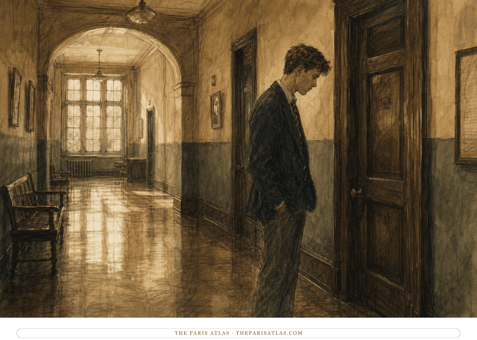 A teenage boy stands alone with bowed head outside a closed office in a polished late-1950s boarding-school corridor