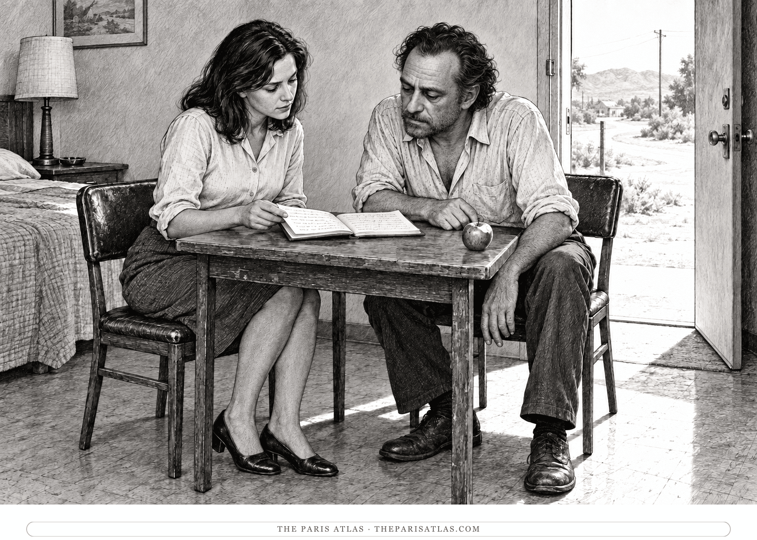 A woman shares an open notebook of poems with a tired man at a small motel-room table, with an apple beside the pages.