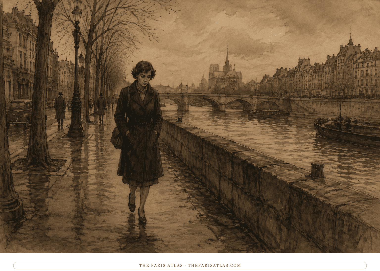 Dominique walks alone beside the Seine after the affair, composed but visibly shaken