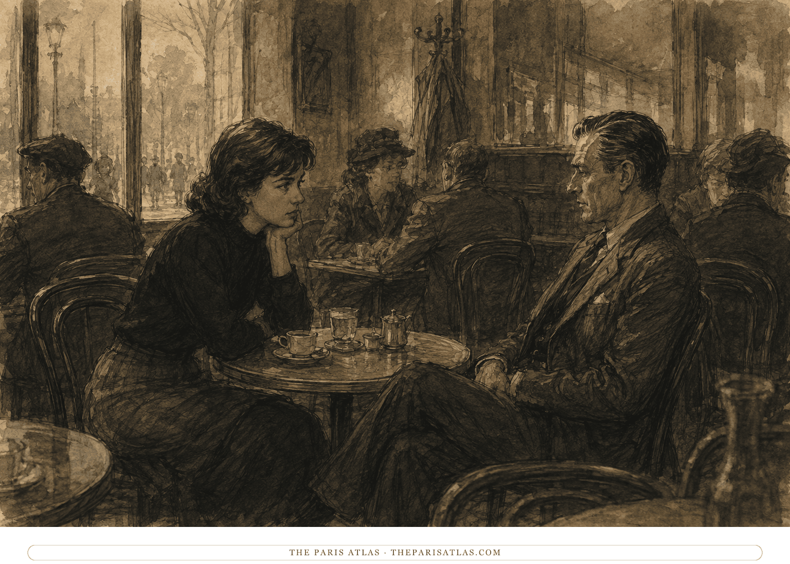 Dominique and Luc sit at an intimate table in a spacious mid-century Paris café