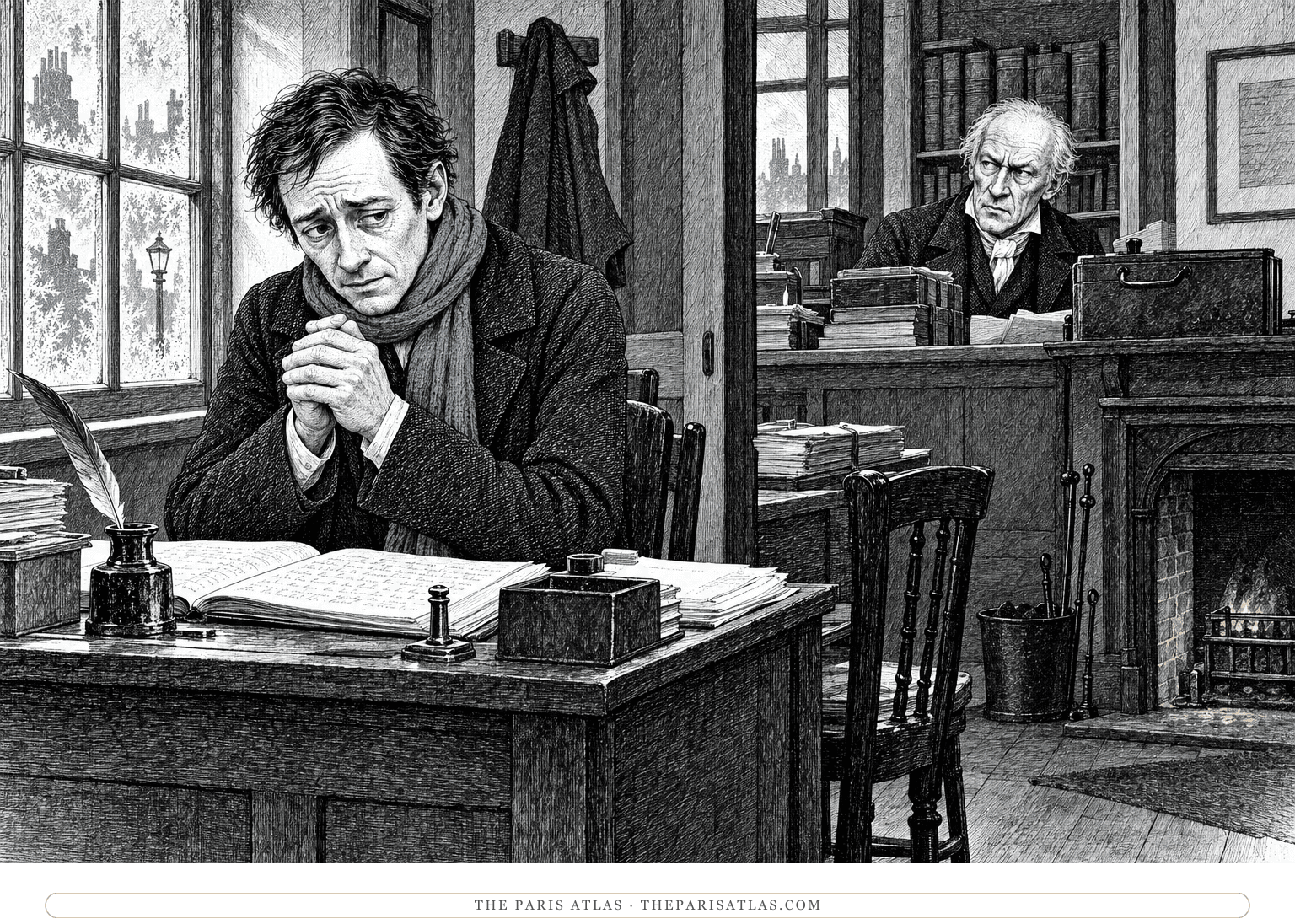Ink illustration of Bob Cratchit wrapped in a muted blue scarf at a cold clerk’s desk while Scrooge watches from the adjoining office.