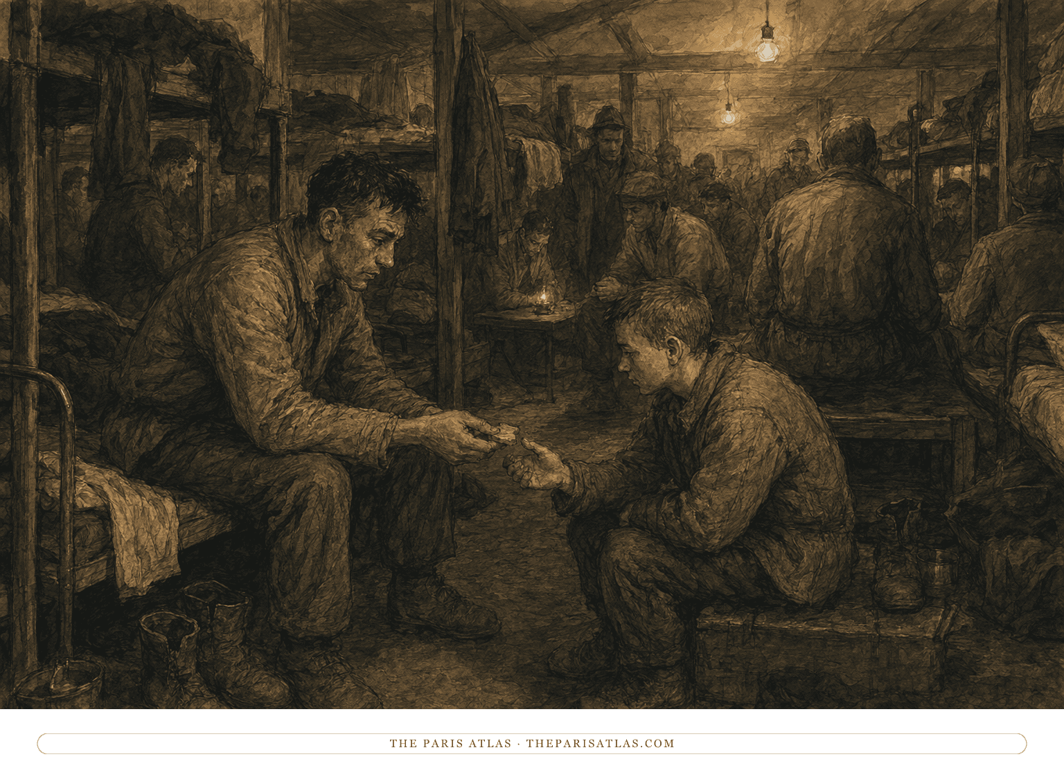 Shukhov shares a biscuit with Alyoshka at night inside the crowded camp barracks