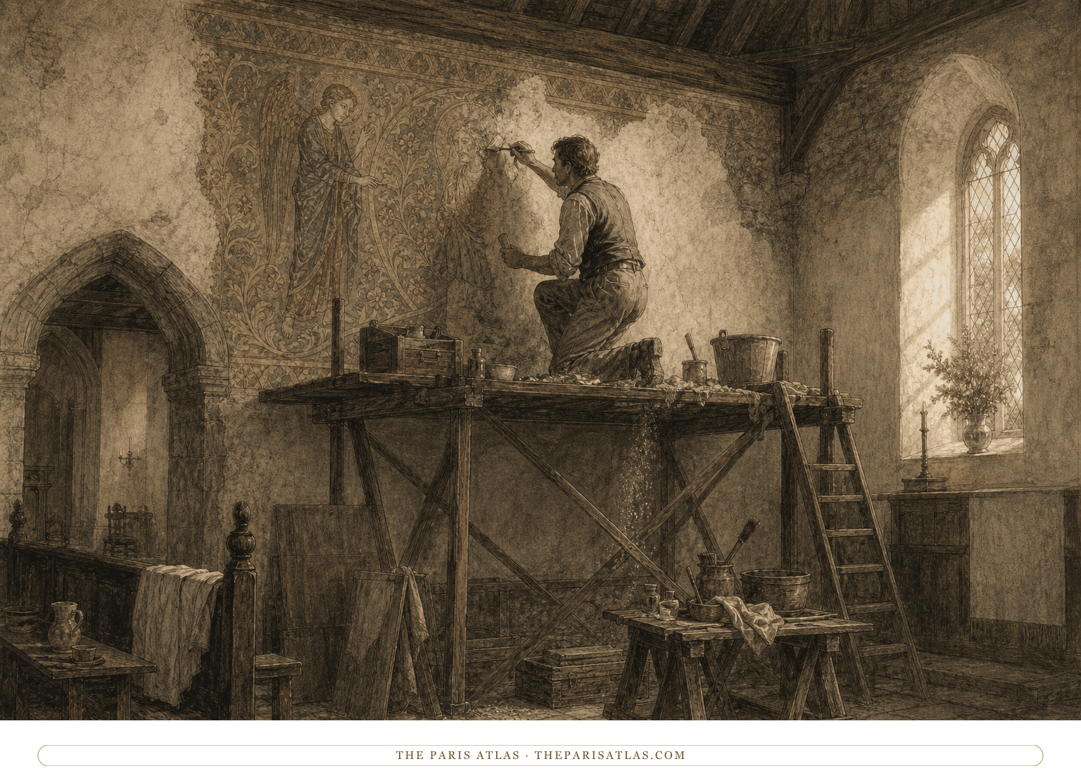 A conservator on a scaffold uncovering a vivid medieval Last Judgment beneath whitewash in a small church