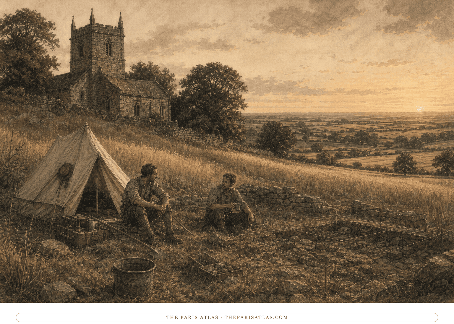Two First World War veterans resting near a Yorkshire church, excavation grid, and bell tent at summer dusk