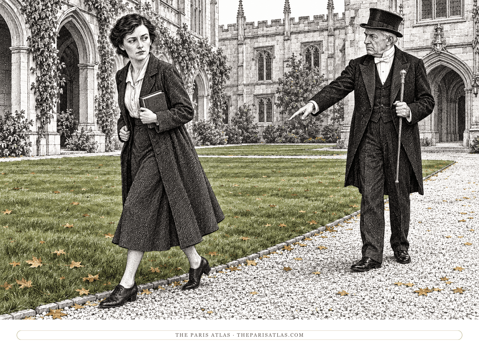 Mary Beton steps from the college lawn onto the gravel path as a beadle directs her away.