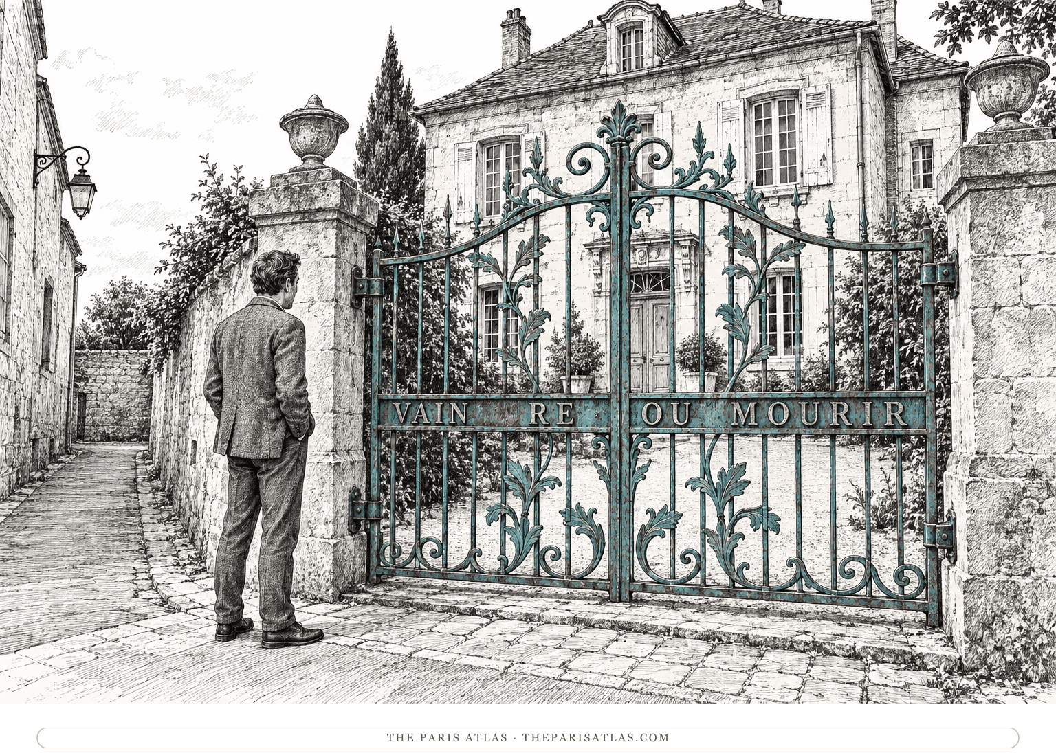 The narrator pauses before an ornamental iron gate and a worn stone house in Autun.