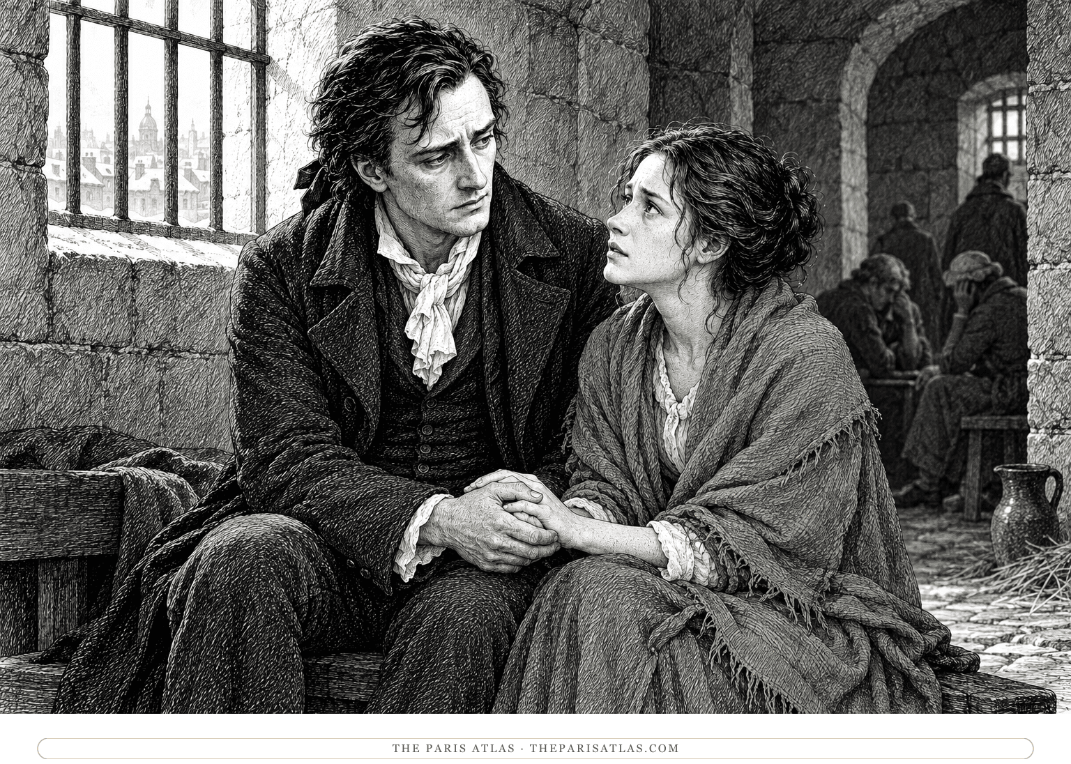 Ink illustration of Sydney Carton holding the seamstress’s hand in a prison room, with a muted sage wash in her shawl.