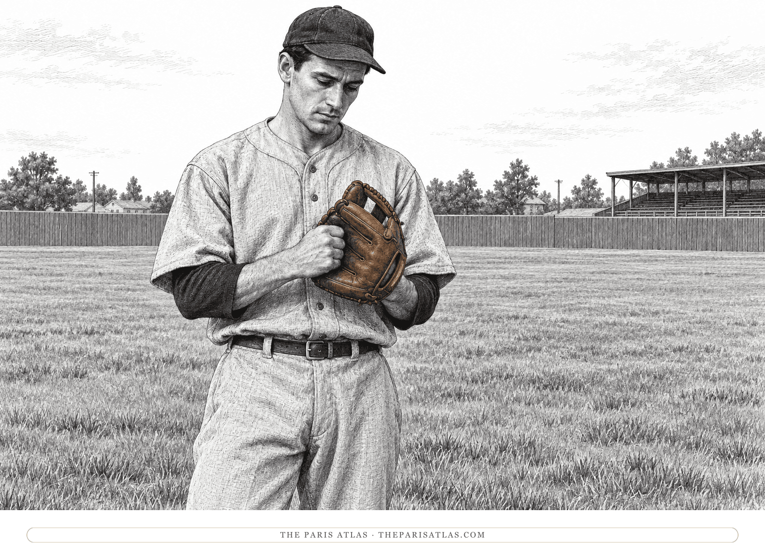 A baseball player in a plain mid-century uniform studies the worn leather glove on his left hand while standing in the outfield.