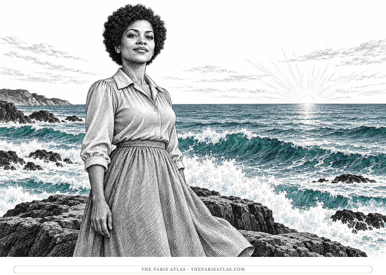 Ink illustration of the speaker of Still I Rise standing beside the morning sea, with restrained teal color following the waves.