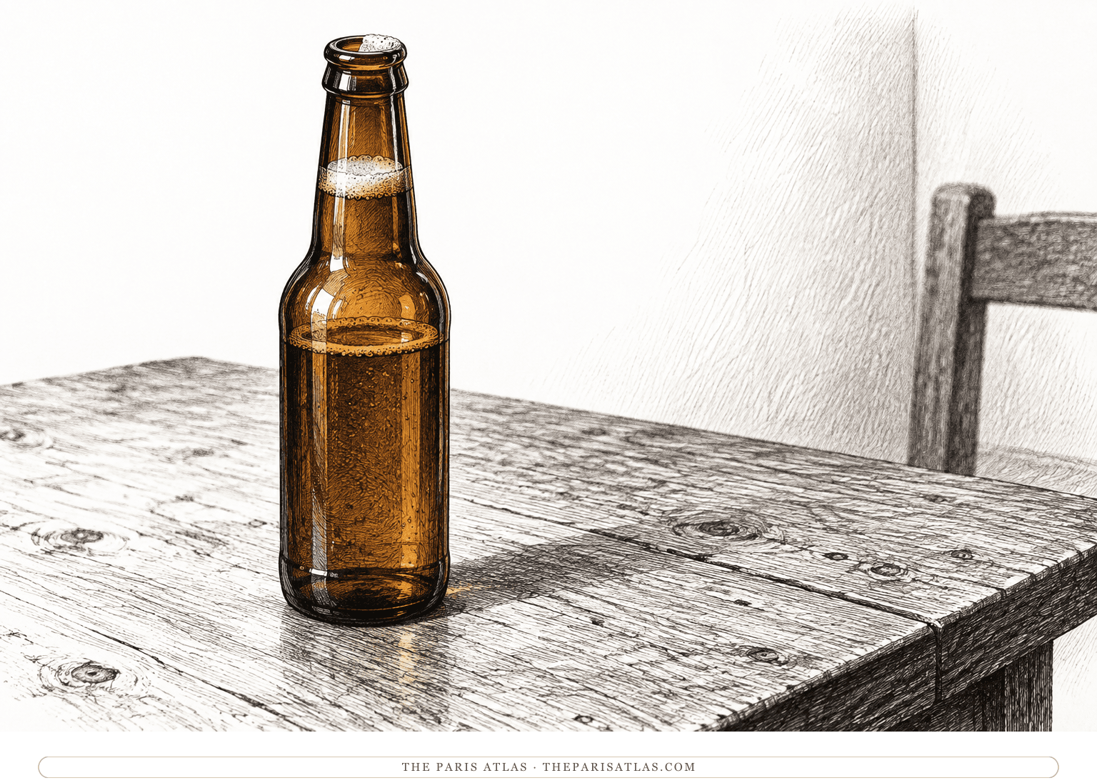 An upright beer bottle rests on a plain table with foam at its mouth.
