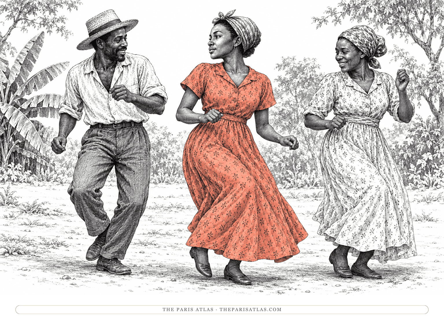 Bita takes a dance step with two other adults, her muted coral dress moving around her ankles.