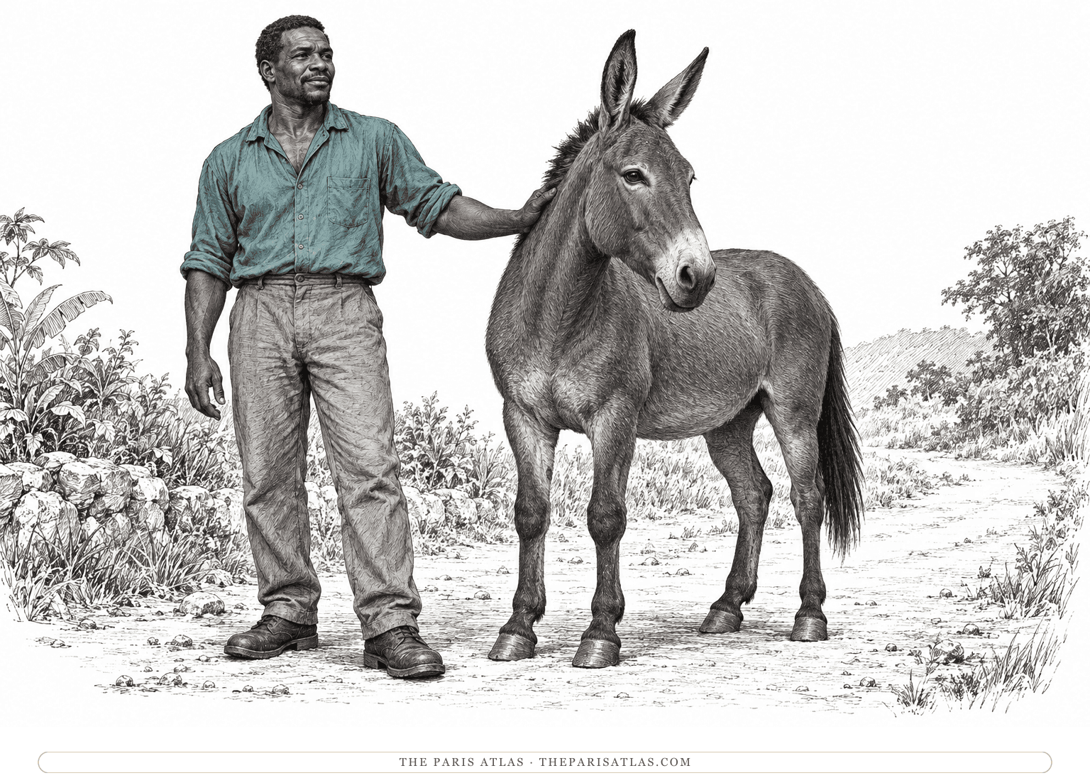 Jubban stands beside a calm mule, resting one hand lightly against its neck.