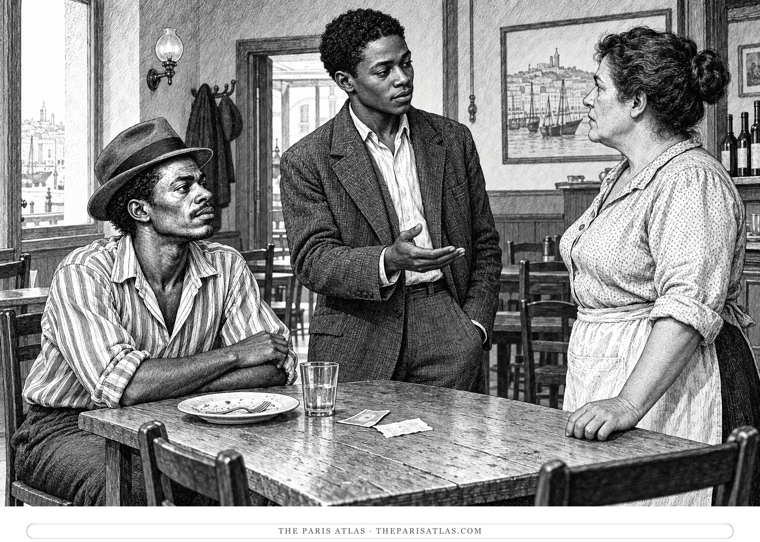 Ray speaks with the proprietress beside Banjo’s table, where a small bill and banknote lie.
