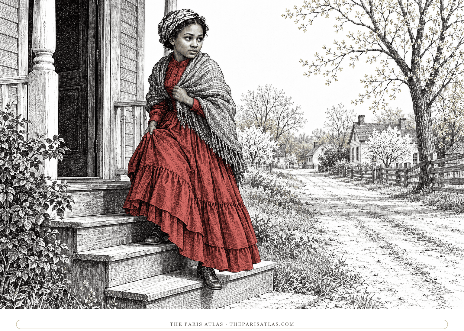Denver gathers her shawl and steps down from the porch of 124 toward the sunlit road outside the yard.