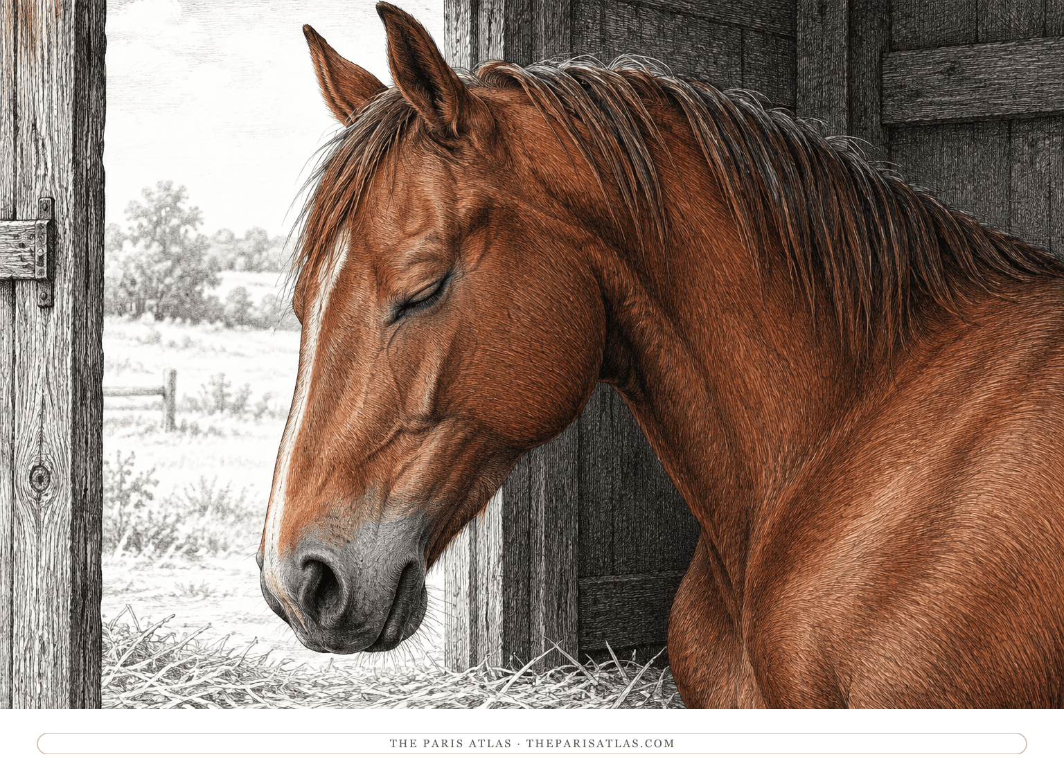 A chestnut horse dozes beside a quiet stable doorway, its eyes closed and head lowered in soft daylight.
