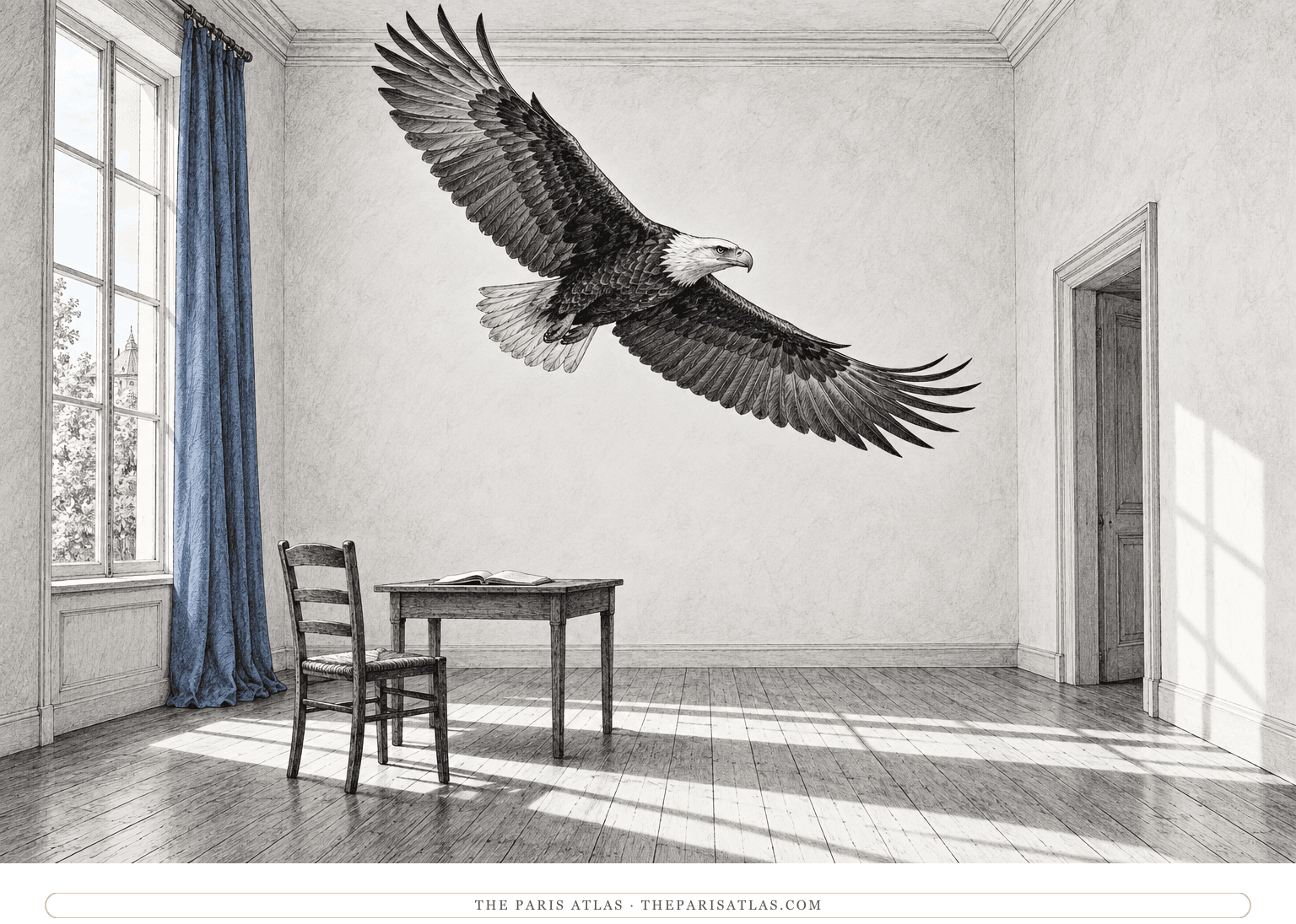 An eagle banks through a high-ceilinged room above an open book, with a muted blue curtain beside a tall window.